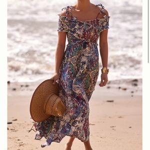 NWT Anthropologie Smocked Gauze Criss Cross Off Shoulder Maxi Dress XS